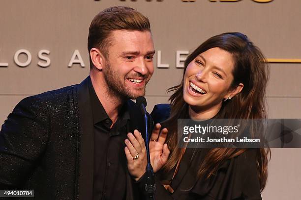 Honorees Justin Timberlake and Jessica Biel accept the Inspiration Award onstage during the 2015 GLSEN Respect Awards at the Beverly Wilshire Four...