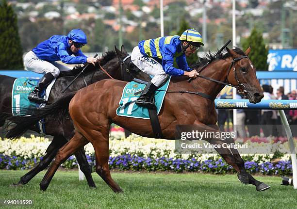 Damien Oliver riding Jameka wins Race 7, the Dilmah Exceptional Teas Vase during Cox Plate Day at Moonee Valley Racecourse on October 24, 2015 in...