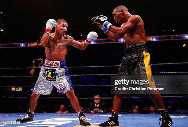 Aron Martinez and Devon Alexander square off during the main event welterweight bout at Gila River Arena on October 14, 2015 in Glendale, Arizona.