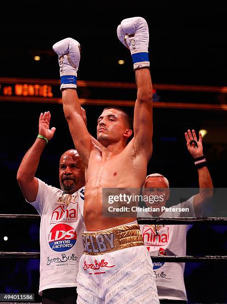 Lee Selby is introduced before fighting Fernando Montiel in the IBF featherweight championship title bout at Gila River Arena on October 14, 2015 in...