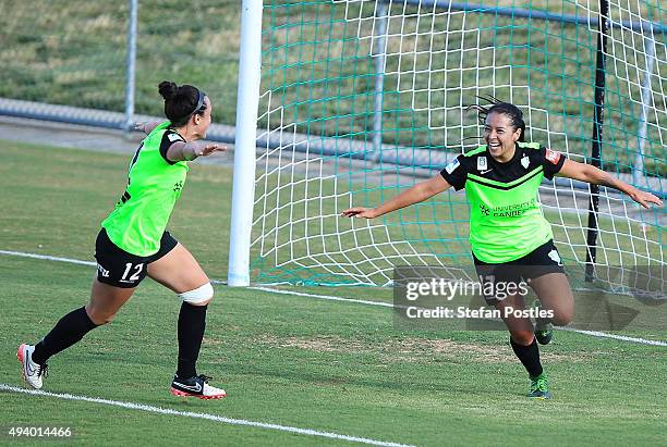 Veronica Perez of Canberra United celebrates with Emma Kete after scoring a goal during the round two W-League match between Canberra and Sydney at...