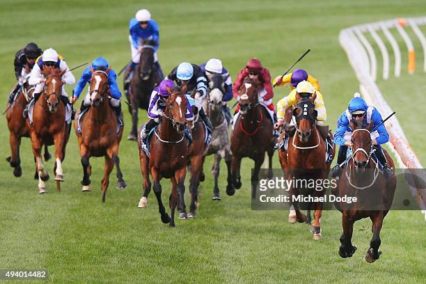 Hugh Bowman riding Winx wins race 9 The William Hill Cox plate during Cox Plate Day at Moonee Valley Racecourse on October 24, 2015 in Melbourne,...