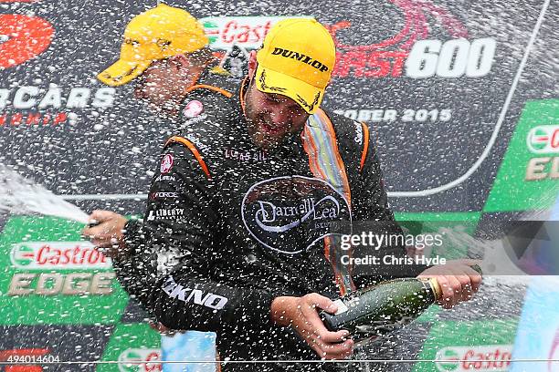 Shane van Gisbergen of the Team TEKNO Darrell Lea Holden celebrates winning Race 26 at the Gold Coast 600, which is part of the V8 Supercars...