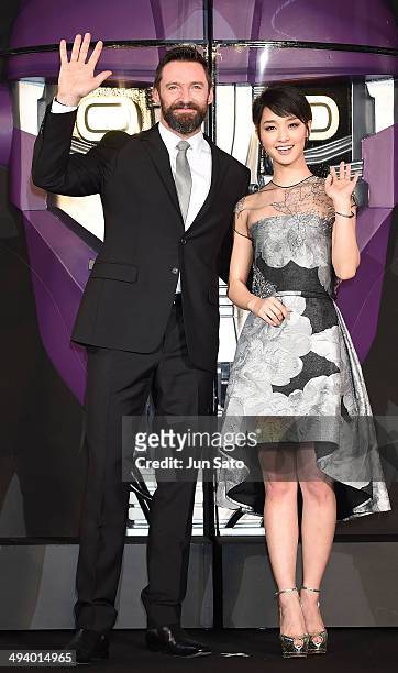 Actor Hugh Jackman and actress Ayame Goriki attend 'X-Men: Days of Future Past' premiere at Roppongi Hills Arena on May 27, 2014 in Tokyo, Japan.