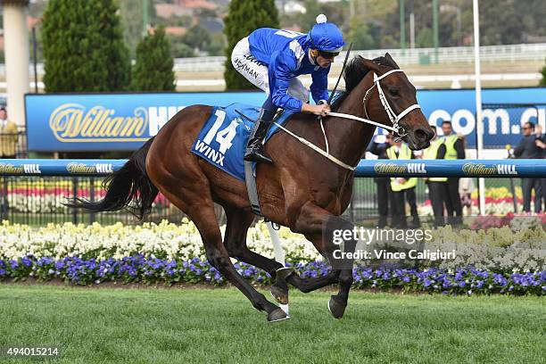 Hugh Bowman riding Winx wins Race 9, the William Hill Cox Plate during Cox Plate Day at Moonee Valley Racecourse on October 24, 2015 in Melbourne,...