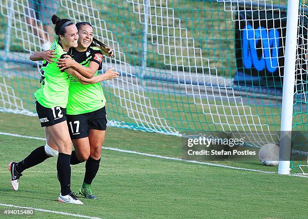 Veronica Perez of Canberra United celebrates with Emma Kete after scoring a goal during the round two W-League match between Canberra and Sydney at...