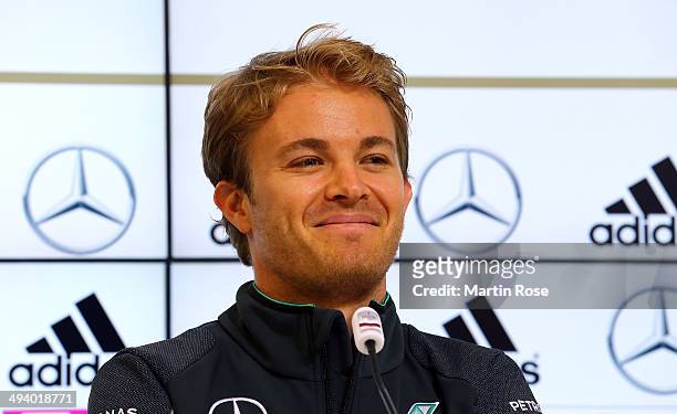 Formula 1 driver Nico Rosberg talks to the media during the German National team press conference on May 27, 2014 in St. Martin in Passeier, Italy.
