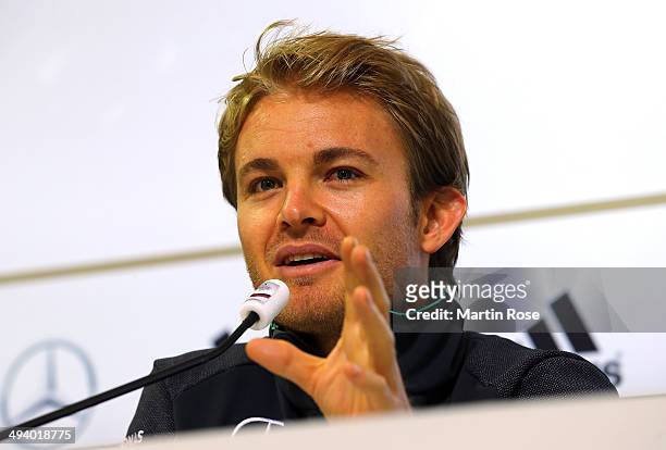 Formula 1 driver Nico Rosberg talks to the media during the German National team press conference on May 27, 2014 in St. Martin in Passeier, Italy.