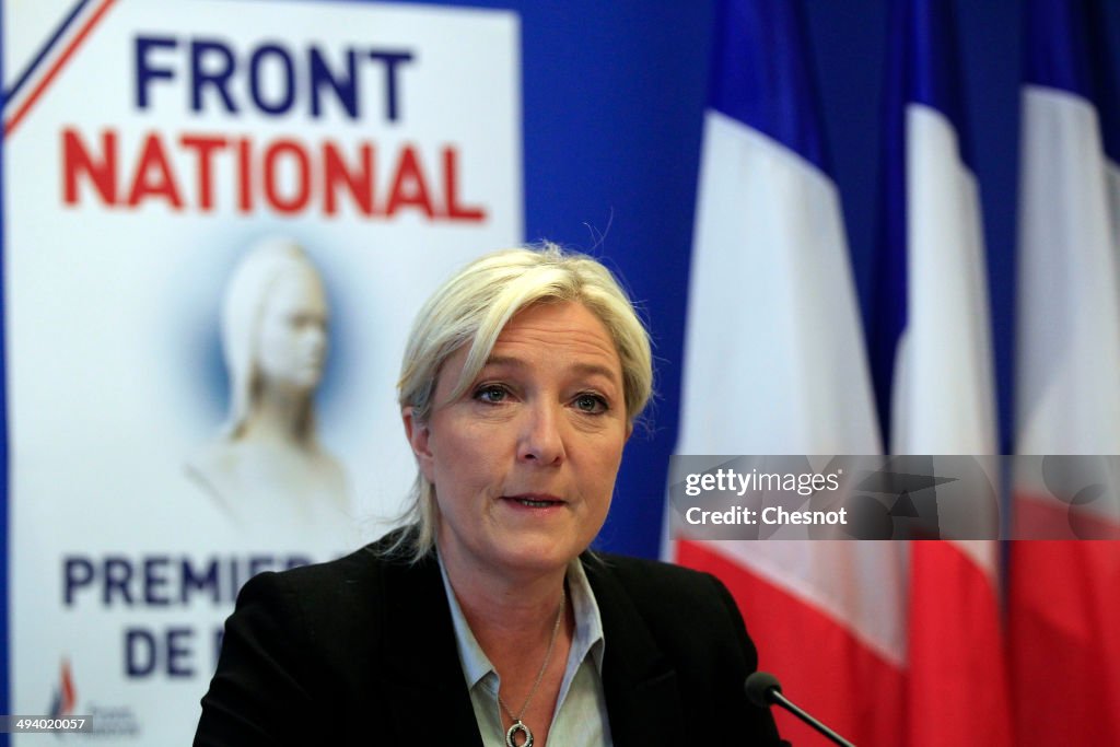 French Far-right Front National (FN) Party President Marine Le Pen Gives A Press Conference The European Elections