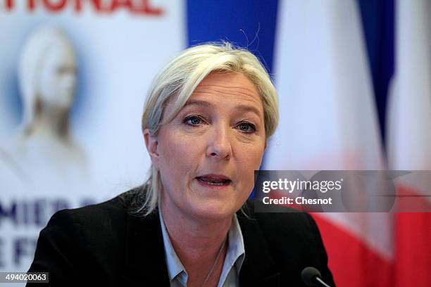 French far-right party National Front president Marine Le Pen delivers a speech during a press conference at the party's headquarters on May 27, 2014...