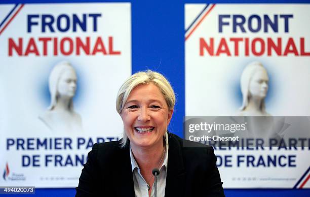 French far-right party National Front president Marine Le Pen delivers a speech during a press conference at the party's headquarters on May 27, 2014...