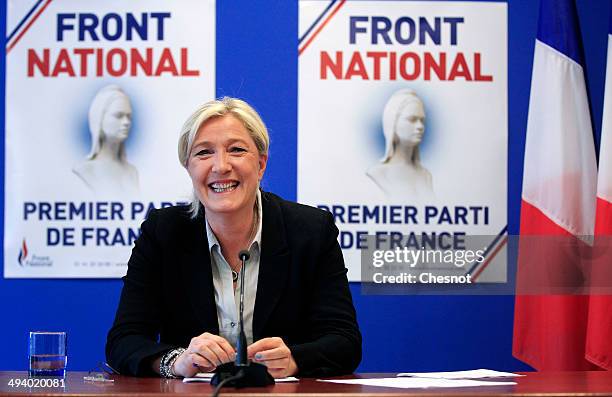 French far-right party National Front president Marine Le Pen delivers a speech during a press conference at the party's headquarters on May 27, 2014...
