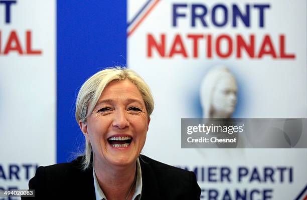 French far-right party National Front president Marine Le Pen delivers a speech during a press conference at the party's headquarters on May 27, 2014...