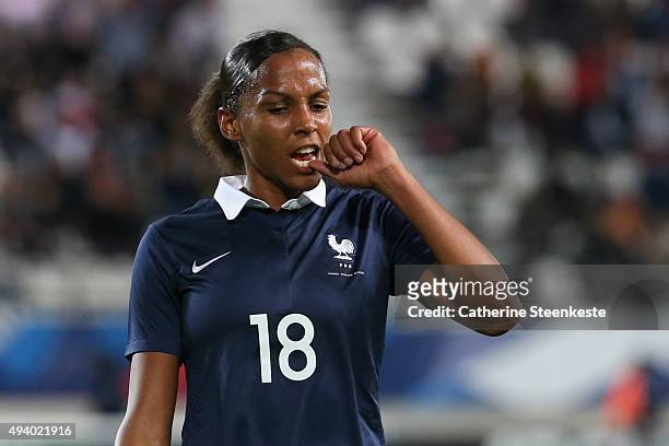 Marie-Laure Delie of France reacts after a play during the international friendly game between France and Netherlands at Stade Jean Bouin on October...