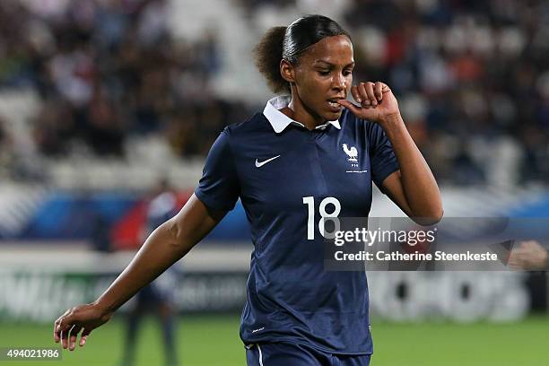 Marie-Laure Delie of France reacts after a play during the international friendly game between France and Netherlands at Stade Jean Bouin on October...