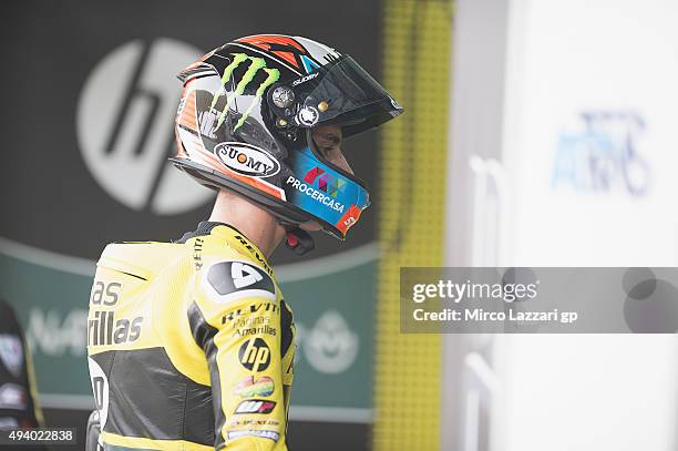 Alex Rins of Spain and Pagina Amarillas HP40 returns in box during the qualifying practice during the MotoGP Of Malaysia at Sepang Circuit on October...