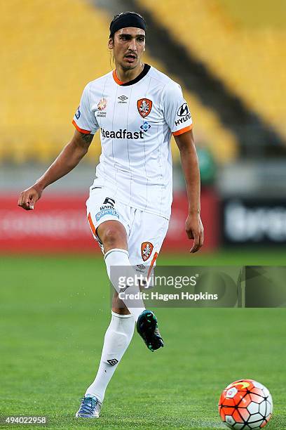 Jerome Polenz of the Roar passes during the round three A-League match between the Wellington Phoenix and the Brisbane Roar at Westpac Stadium on...
