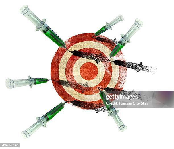 Dpi Neil Nakahodo illustration of medical syringes on a dart board, some missing the bull's eye; for use with stories about medical treatments that...