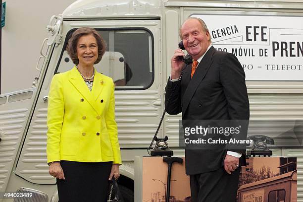 King Juan Carlos of Spain and Queen Sofia of Spain attend the Agencia EFE 75th anniversary exhibition during the "Rey de Espana" and "Don Quijote"...
