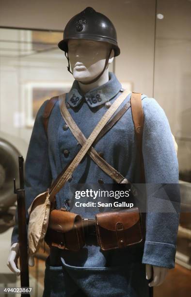 Mannequin stands dressed in the uniform of a French soldier at the exhibition: "The First World War, 1914-1918" during a press preview at the...