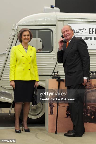 King Juan Carlos of Spain and Queen Sofia of Spain attend the Agencia EFE 75th anniversary exhibition during the "Rey de Espana" and "Don Quijote"...