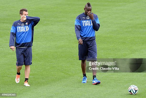 Antonio Cassano and Mario Balotelli of Italy during a training session at Coverciano on May 27, 2014 in Florence, Italy.
