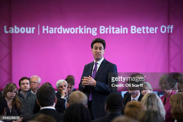 Ed Miliband, the leader of the Labour Party, addresses an audience at 'The Backstage Centre' on May 27, 2014 in Purfleet, England. Mr Miliband spoke...