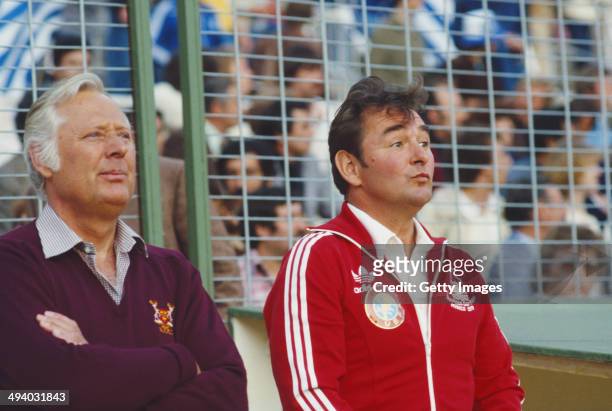 Nottingham Forest manager Brian Clough and assistant Peter Taylor look on before the 1980 European Cup Final between Hamburg SV and Nottingham Forest...