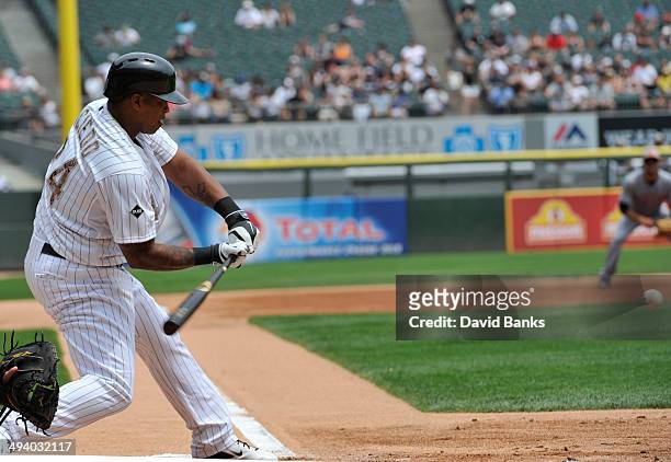 Dayan Viciedo of the Chicago White Sox bats against the Cleveland Indians on May 26, 2014 at U.S. Cellular Field in Chicago, Illinois. The Chicago...