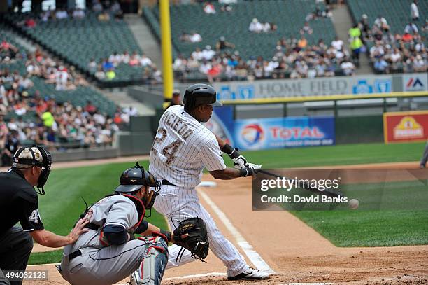 Dayan Viciedo of the Chicago White Sox bats against the Cleveland Indians on May 26, 2014 at U.S. Cellular Field in Chicago, Illinois. The Chicago...