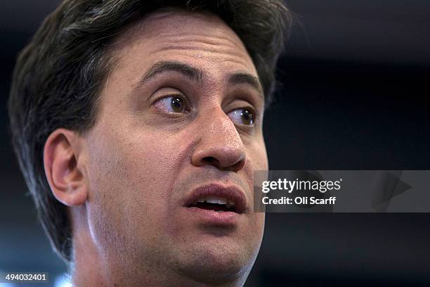 Ed Miliband, the leader of the Labour Party, addresses an audience at 'The Backstage Centre' on May 27, 2014 in Purfleet, England. Mr Miliband spoke...