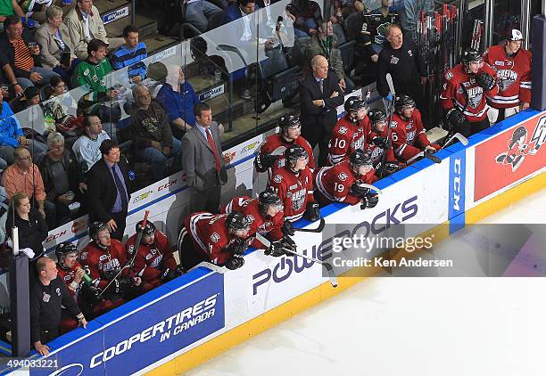 An overview of the Guelph Storm bench against the London Knights skates against the Guelph Storm in Game Six of the 2014 MasterCard Memorial Cup at...