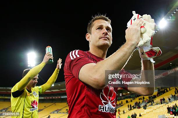 Glen Moss and Ben Sigmund of the Phoenix thanks the crowd after the win during the round three A-League match between the Wellington Phoenix and the...