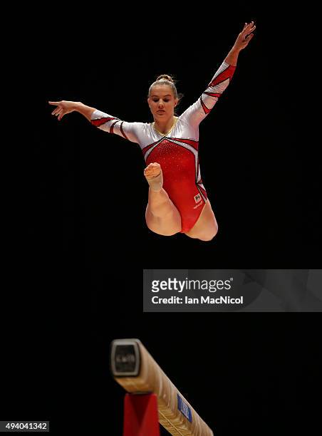 Lisa Verschueren of Belgium competes on the beam during day two of the 2015 World Artistic Gymnastics Championships at The SSE Hydro on October 24,...