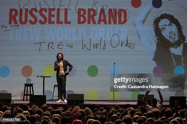 Russell Brand performs during his Trew World Order tour at Qantas Credit Union Arena on October 24, 2015 in Sydney, Australia.