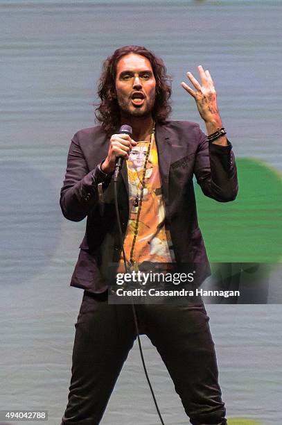 Russell Brand performs during his Trew World Order tour at Qantas Credit Union Arena on October 24, 2015 in Sydney, Australia.