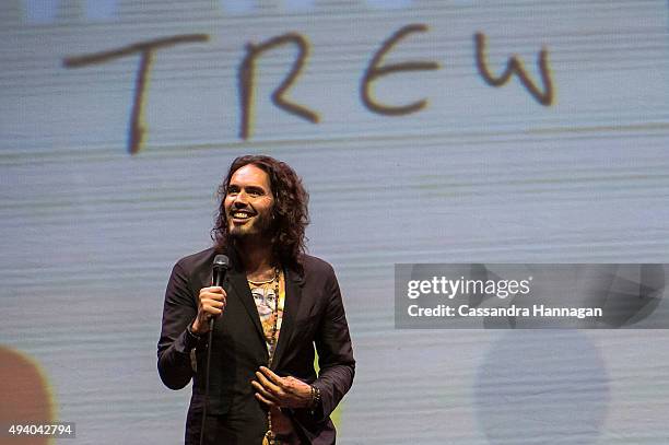 Russell Brand performs during his Trew World Order tour at Qantas Credit Union Arena on October 24, 2015 in Sydney, Australia.