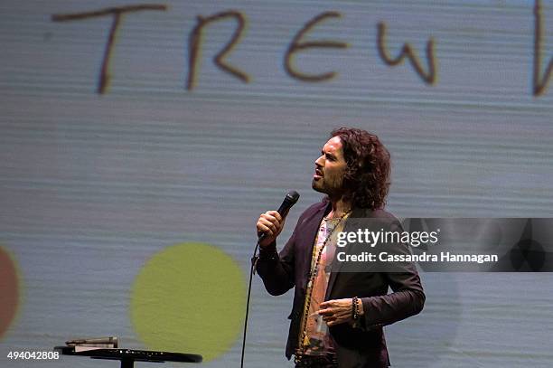 Russell Brand performs during his Trew World Order tour at Qantas Credit Union Arena on October 24, 2015 in Sydney, Australia.