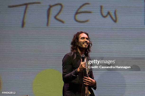 Russell Brand performs during his Trew World Order tour at Qantas Credit Union Arena on October 24, 2015 in Sydney, Australia.
