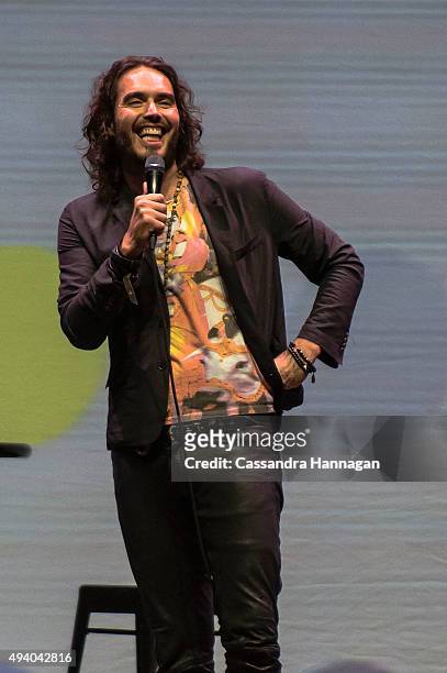 Russell Brand performs during his Trew World Order tour at Qantas Credit Union Arena on October 24, 2015 in Sydney, Australia.