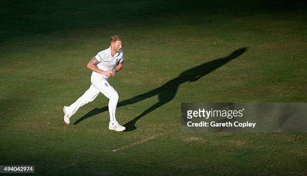 Ben Stokes of England runs into bowl during day three of the 2nd test match between Pakistan and England at Dubai Cricket Stadium on October 24, 2015...