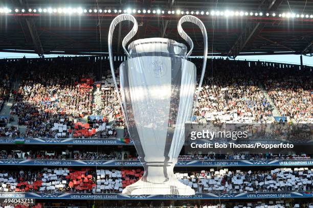 Large trophy banner displayed inside the stadium before the start of the UEFA Champions League Final between Real Madrid and Atletico de Madrid at...