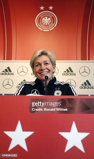 Head coach Sylvia Neid of Germany Women's National team during a press conference at Hardtwald stadion on October 24, 2015 in Sandhausen, Germany.