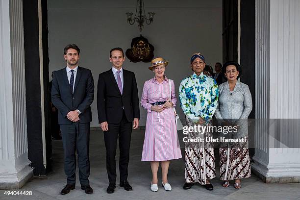 Danish Queen Margrethe II , Sri Sultan Hamengkubuwono X and his wife Gusti Kangjeng Ratu Hemas pose for a photo during the Danish Queen's visit at...