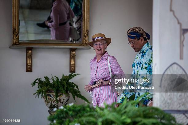 Danish Queen Margrethe II meets with Sri Sultan Hamengkubuwono X during her visit at Kraton Yogyakarta Palace on October 24, 2015 in Yogyakarta,...