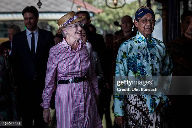 Danish Queen Margrethe II meets with Sri Sultan Hamengkubuwono X during her visit at Kraton Yogyakarta Palace on October 24, 2015 in Yogyakarta,...