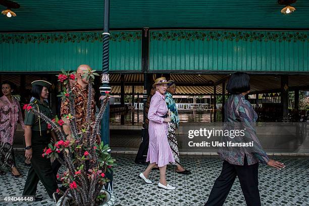 Danish Queen Margrethe II meets with Sri Sultan Hamengkubuwono X during her visit at Kraton Yogyakarta Palace on October 24, 2015 in Yogyakarta,...