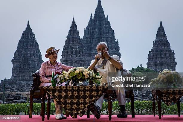 Queen Margrethe II of Denmark and her husband, Prince Henrik talk to journalists during their visit at Prambanan temple on October 24, 2015 in...