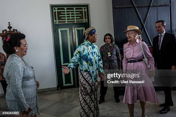 Danish Queen Margrethe II meets with Sri Sultan Hamengkubuwono X during her visit at Kraton Yogyakarta Palace on October 24, 2015 in Yogyakarta,...