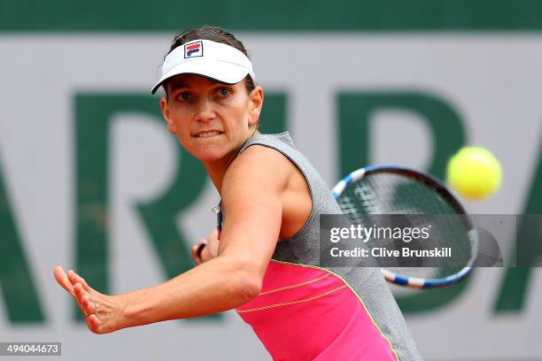 Chanelle Scheepers of South Africa returns a shot during her women's singles match against Silvia Soler Espinosa of Spain on day three of the French...